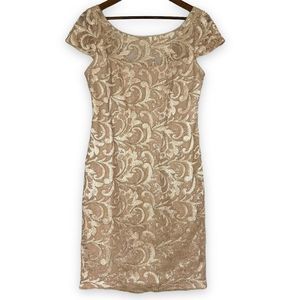 Calvin Klein Beige Tan Swirls of Gold Cap Sleeve Lined Sequin Party Dress Size 8